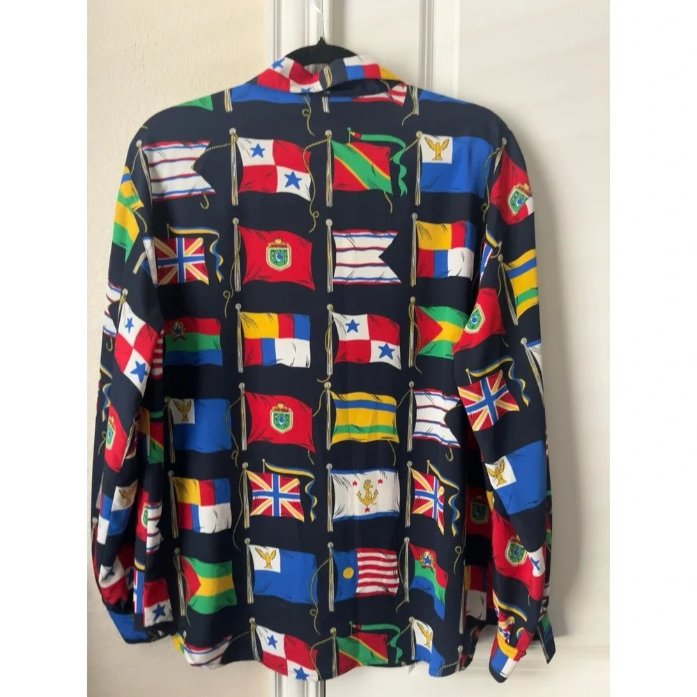 Vintage 90s Liz Claiborne Wm's 8 Country Flags Blouse Teacher Novelty Nautical